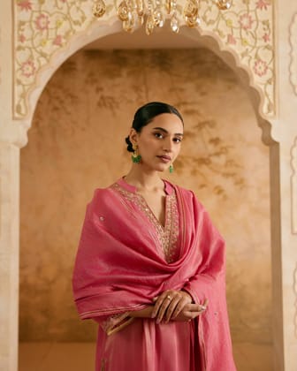Dahlia Pink Tissue Kurta with Narrow Pants and Dupatta - Set of 3-XXS / XXS