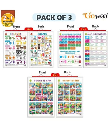 Set of 3 |2 IN 1 NUMBER & FRACTIONS AND MATHS KEYWORDS, 2 IN 1 COLOURS AND SHAPES and 2 IN 1 BENNY IS SAD AND BENNY IS SHY Early Learning Educational Charts for Kids