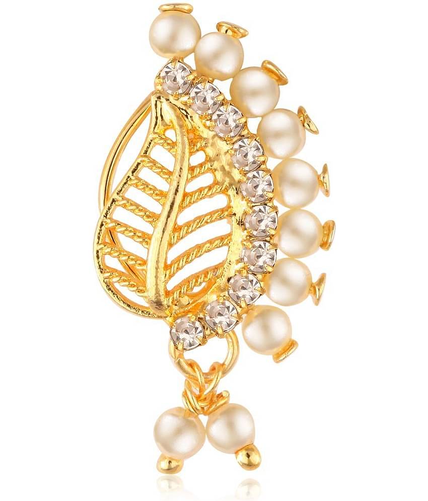 Vighnaharta Gold Plated with Peals Alloy and CZ stone Non Piercing Maharashtrian Nath Nathiya./ Nose Pin for women  [VFJ1084NTH-Press-White ]