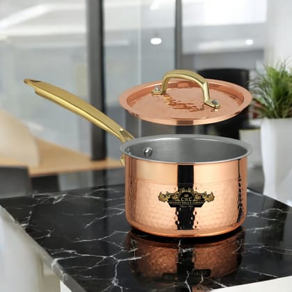 Pure Copper Sauce Pan With Kalai And Lid Hammered Finish-1 litres
