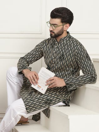 Men's Cotton Gold Thread Embroidered Green Kurta-36