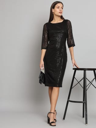 Stretch Sequins Party Dress- Black-XS