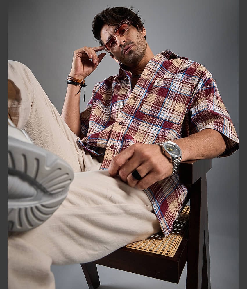 Chimpaaanzee Cotton Blend Oversized Fit Checks Half Sleeves Men's Casual Shirt - Maroon ( Pack of 1 )