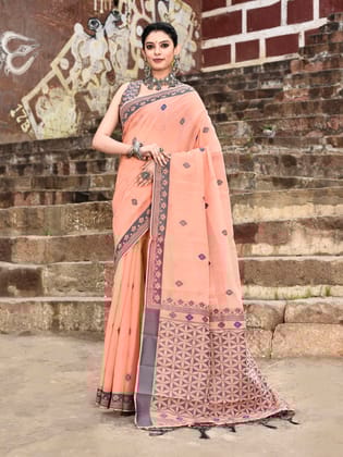 Peach Handloom Cotton Butti Weaving Saree