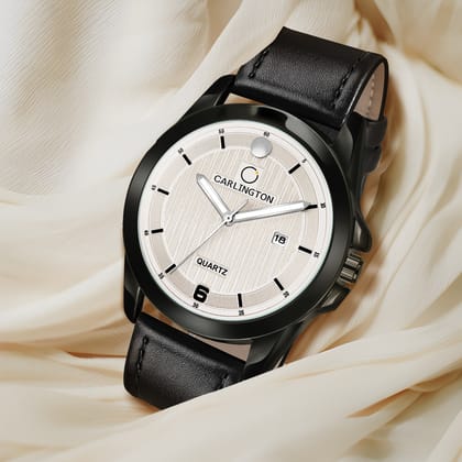Carlington Elite Gents Water Resistant Genuine Leather Strap With Date Display-Silver