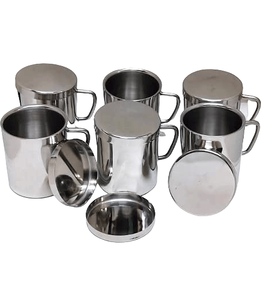 Dynore with lid coaster Solid Steel Coffee Mug 300 mL ( Pack of 6 )