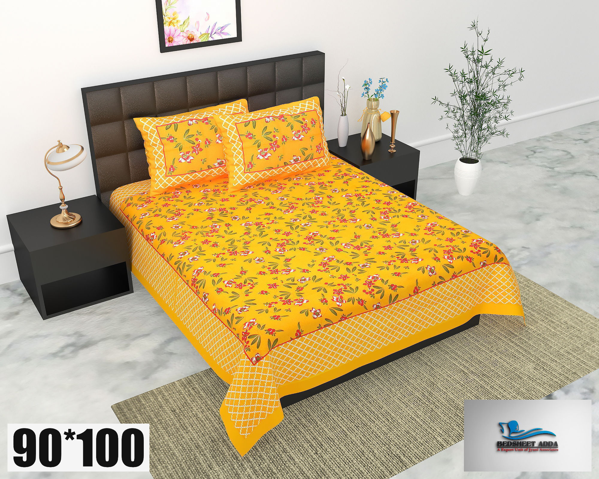 2001-Bedsheet Adda-Pure Cotton Jaipuri Printed Double Bedsheet With 2 Pillow Covers-New Novelle-Yellow