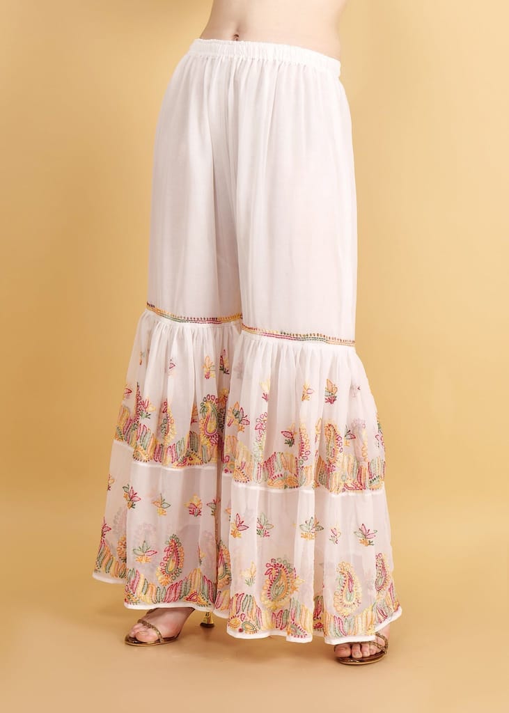 Hand Embroidered Georgette Multi Colored Chkankari Flared Sarara