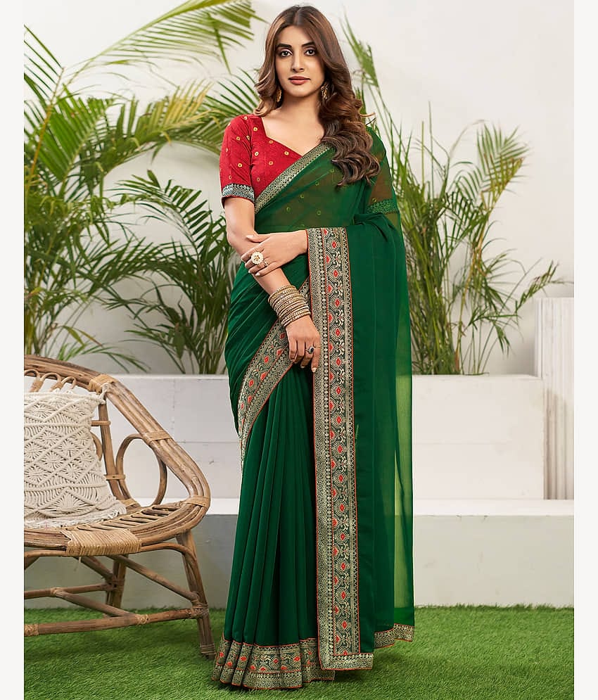 Samah Georgette Embellished Saree With Unstitched Blouse Piece ( Green )