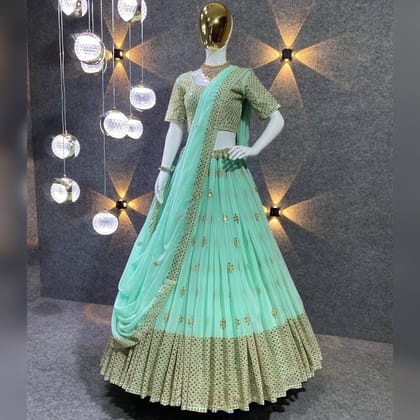 Mint Sky Blue Designer Partywear Embroidered Work Fox Georgette Material Bridesmaid Lehengas