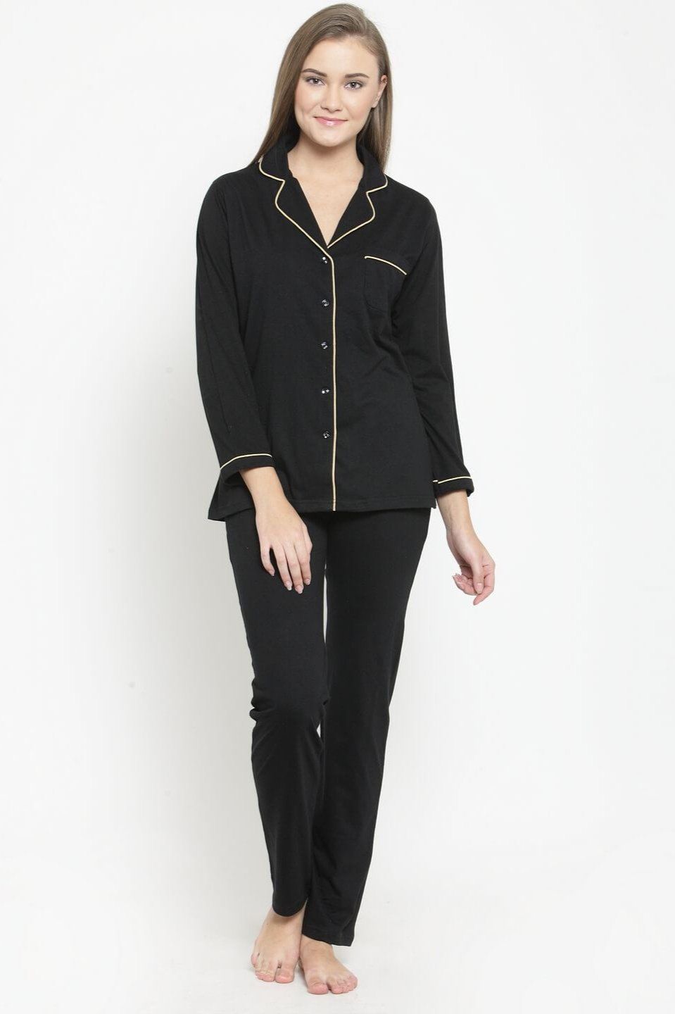 Black Soild Printed Cotton Nightsuit For Women-s