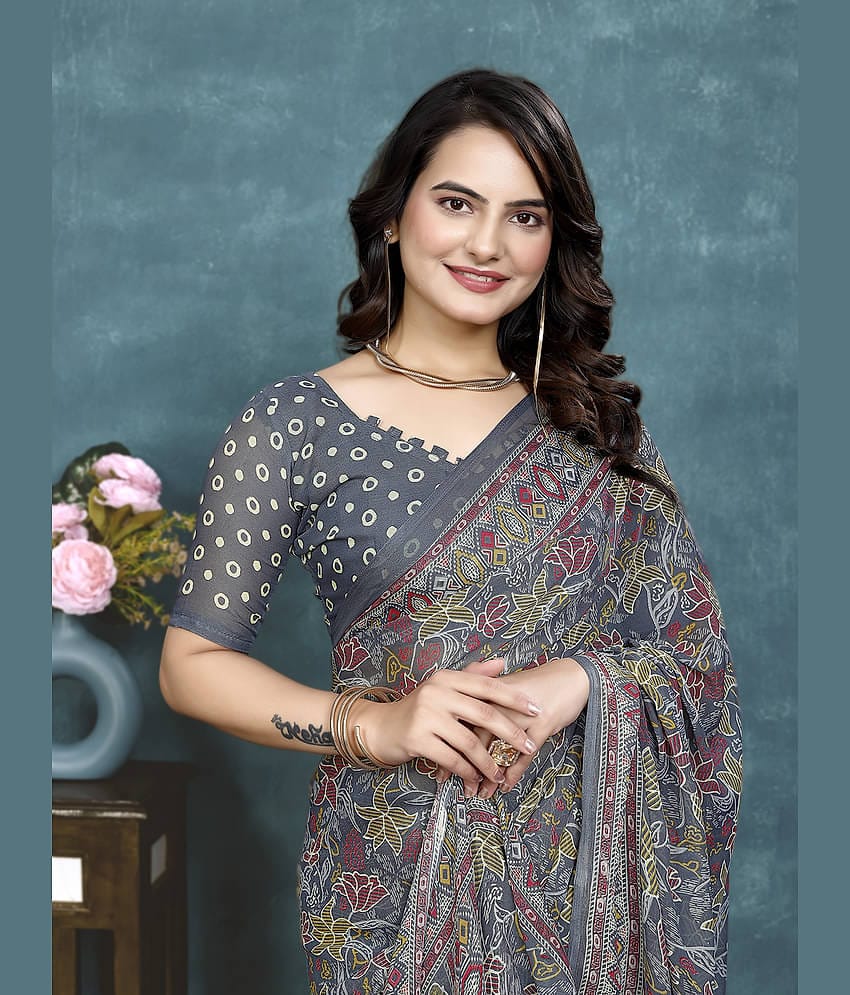 Kanooda Prints Georgette Printed With Unstitched Blouse Piece ( Peach )