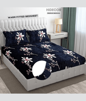 HIDECOR Woollen Floral Printed Fitted Fitted bedsheet with 2 Pillow Covers ( King Size ) - Dark Blue