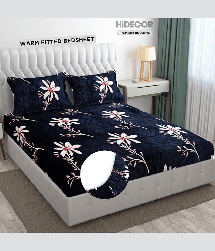 HIDECOR Woollen Floral Printed Fitted Fitted bedsheet with 2 Pillow Covers ( King Size ) - Dark Blue