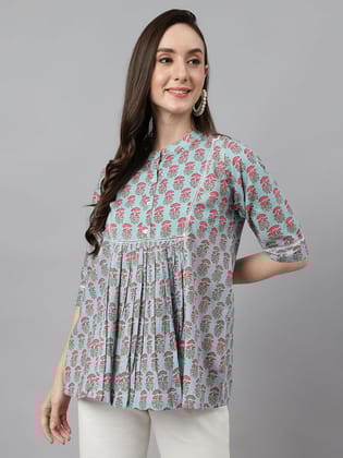 Womens Aqua Blue Cotton Block Print A-Line Top