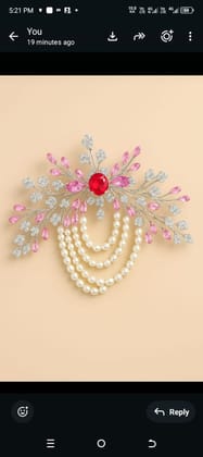 Elegant Floral Pearl Brooch Pin with Ruby-Red Centerpiece | Sparkling Crystal & Pearl Chains | Festive & Party Wear