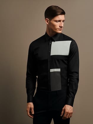 Colourblocked Smart Casual Black Shirt-BLACK / M