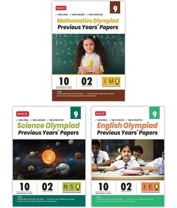 MTG IMO-NSO-IEO Class-9 Olympiad Previous Years Papers (2023-2019 Set A & B) Mathematics, Science & English (Set of 3 Books) | Mock Test Papers with Sample OMR Sheet For 2024-25 Exam