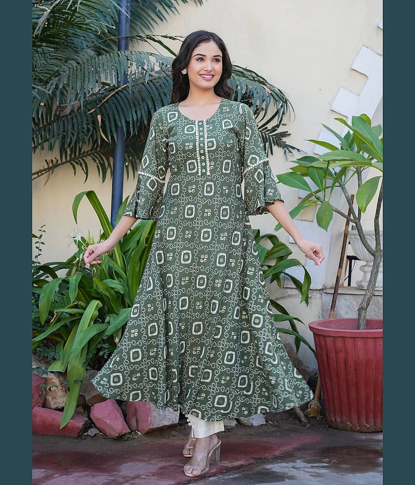 Yash Gallery Rayon Printed Anarkali Women's Kurti - Green ( Pack of 1 )