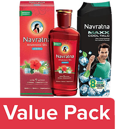 Navratna Ayurvedic Hair Oil - For Head & Body Ache, Fatigue 500 ml + Maxx Cool Talc 400 g, Combo 2 Items