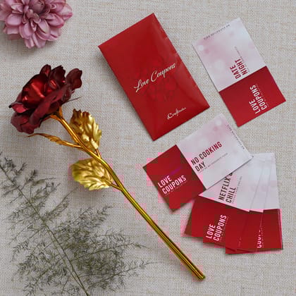 Valentine Combo of Pack of 12 Love Coupons Gift Cards Set, Golden Red Rose Gift Set