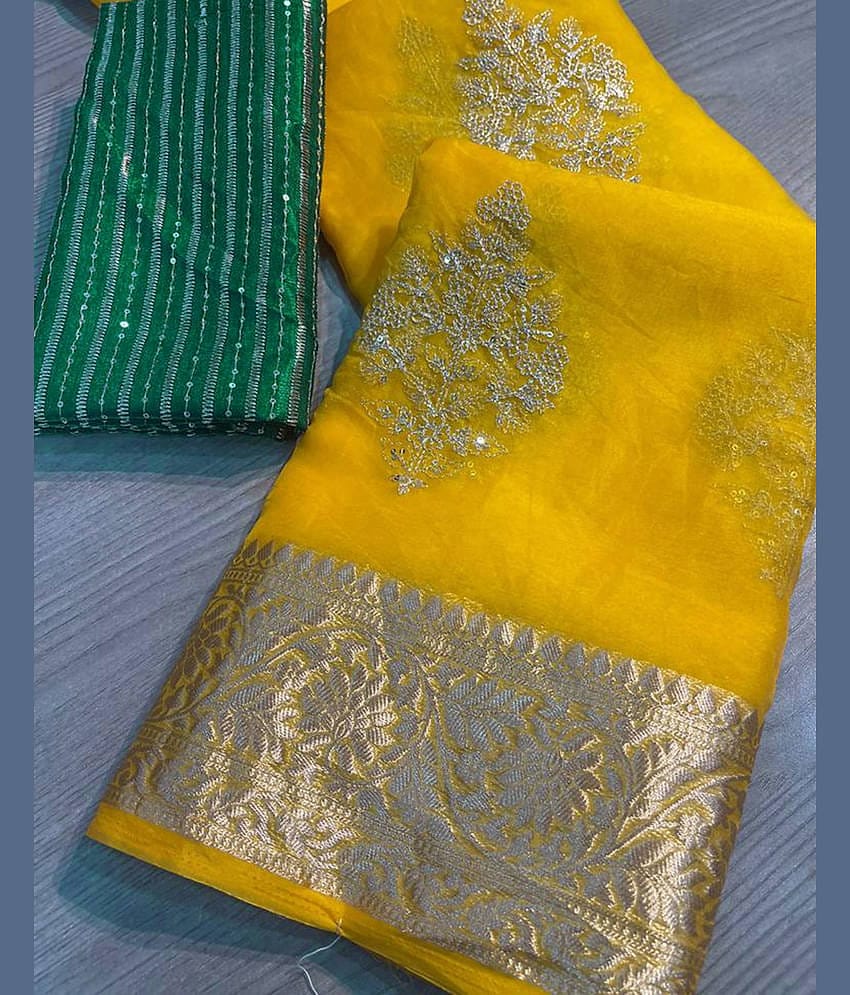 Samah Organza Embroidered Saree With Unstitched Blouse Piece ( Yellow )