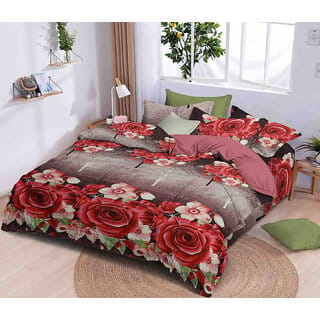 Black Bee  Red Rose Print On Brown Base Double Bedsheet With 2 Pillow Covers (208 X 213 Cm)(Bs-01)
