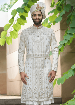 Ivory Embroidered Sherwani-White