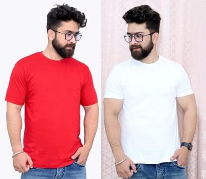 Tru Threads Solid Premium T-Shirt 2 Pcs Combo - Red, White (Size - L)