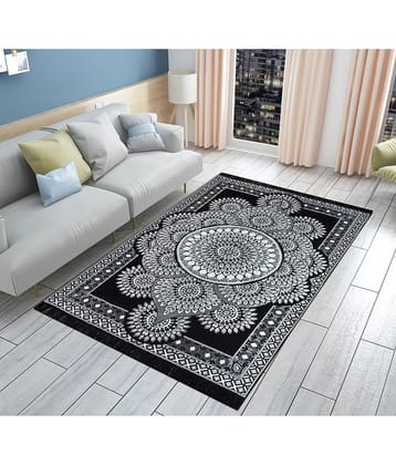 FURNISHING HUT Black Cotton Carpet Abstract 5x7 Ft