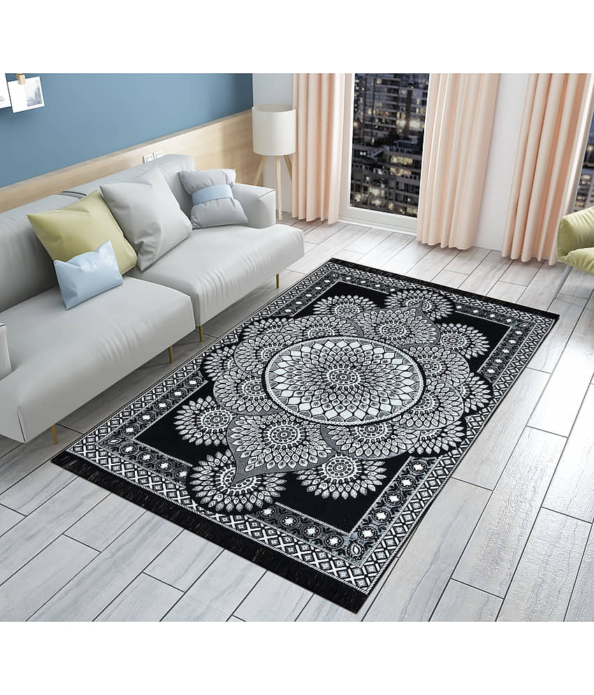 FURNISHING HUT Black Cotton Carpet Abstract 5x7 Ft