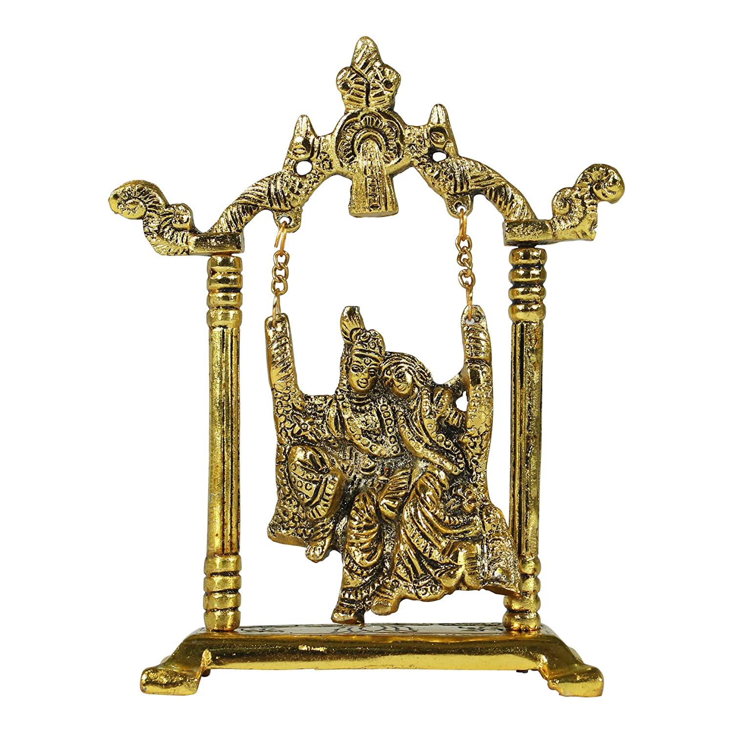 Dreamkraft White Metal Antique Finish Gold Plated Lord Radha Krishna Murti Standing in Darbar Idol Statue for Pooja & Home Office Decorative (Golden - 14 x 6.5 x 18 cm)