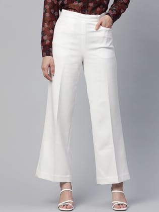 Comfort Fit Mid Waist Wide Bottom Stretch Trouser - White-XS
