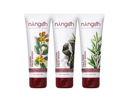 Ningen 3-in-1 Face Wash Combo  Jojoba, Charcoal & Tea Tree (3 x 100ml)