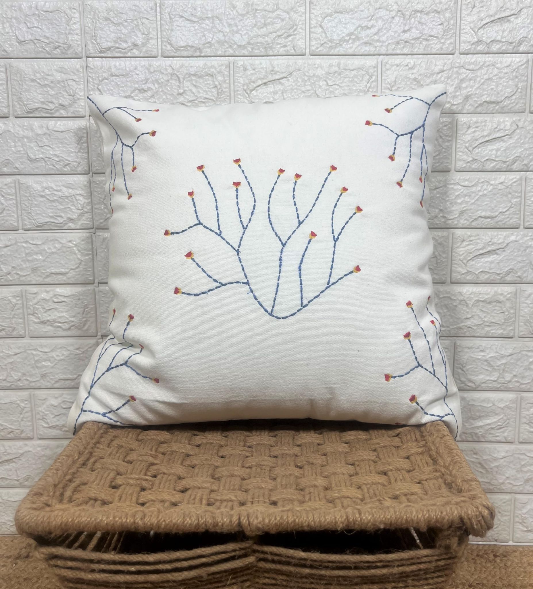 Indihomecraft Cushion Cover Hand Embroidery Inspired Decorative Boho Cushion Cover for Sofa Couch Swing Chair Living Room & Bedroom 18 x 18 Inches, Pack of 1