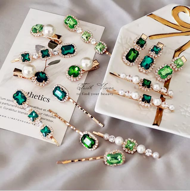 Set Of 5 | Sparkling Crystal Hair Clip Set-Dark Green