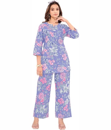 SIMMU Women Printed Top With Palazzos Co-Ord Set ( Blue )