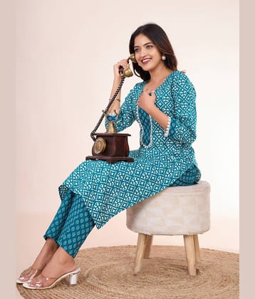 Women Basket Cotton Blend Printed Kurti With Pants Women's Stitched Salwar Suit - Blue ( Pack of 1 )