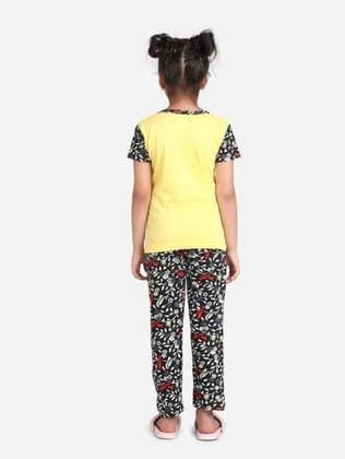 Girl's Cotton Hosiery Printed Night Suit Set (Yellow-Black, 4-5-Yrs)-PID66140 Girl's Cotton Hosiery Printed Night Suit Set (Yellow-Black, 4-5-Yrs)-PID66140
