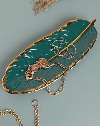 Green Solid Leaf Ceramic Tray | Pack Of 1-Decor / Green / Table Top Accents