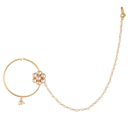 Golden Brass Traditional Jadau Kundan and Pearl Nose Ring with chain