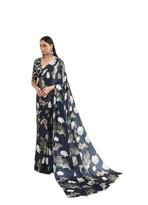 Black And White Satin Digital Print Saree
