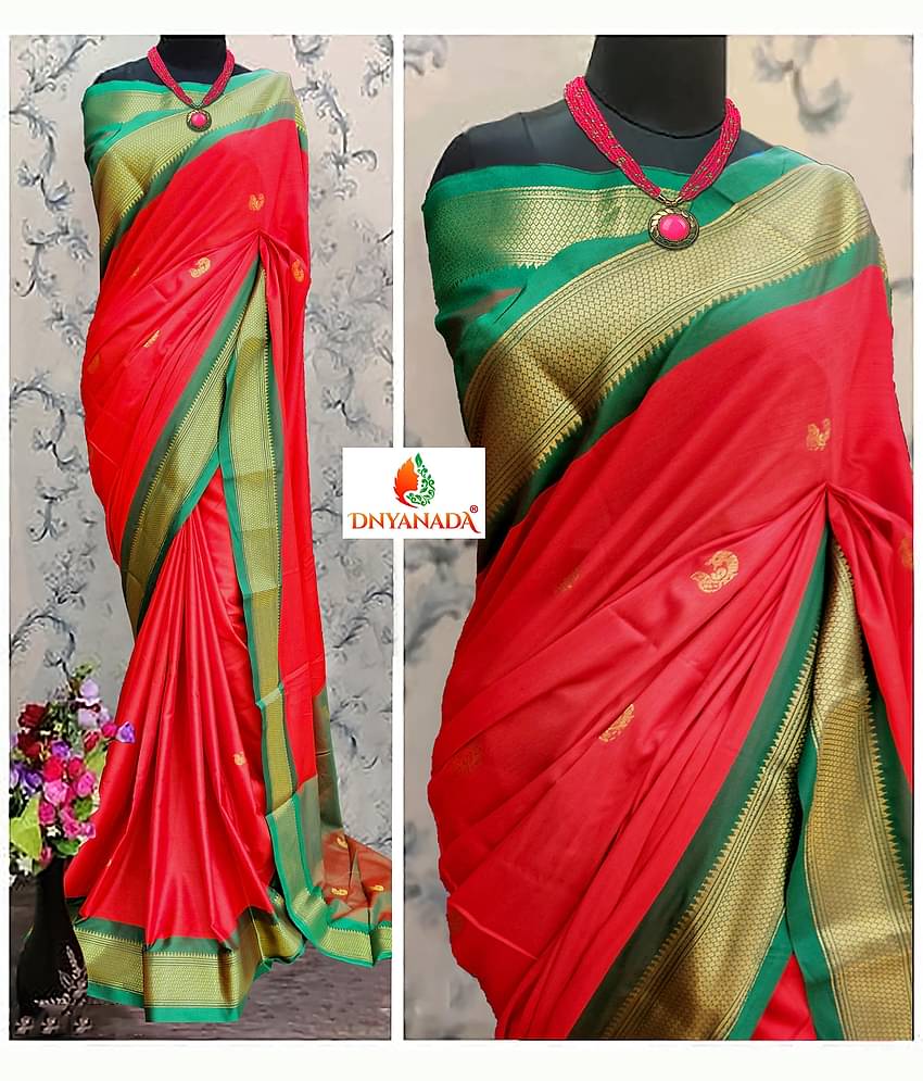 Mysstre Cotton Silk Woven Saree With Unstitched Blouse Piece ( Red )