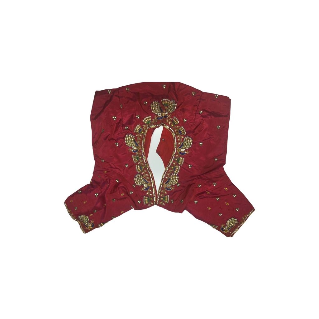 Red Hand Embroidered Peacock Blouse With Zari Work
