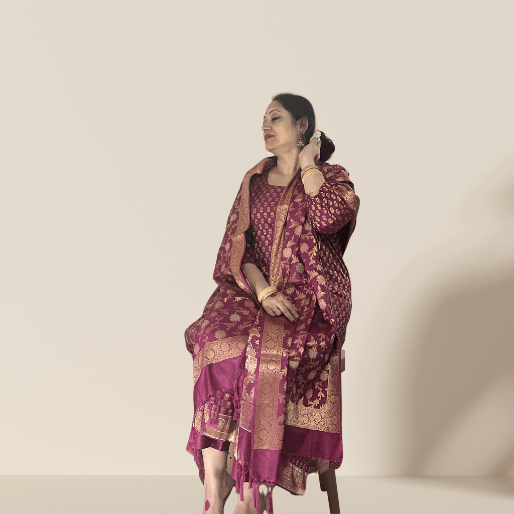 Deep Maroon Banarasi Silk Kurta Set with Dupatta for Women – Festive & Wedding Wear