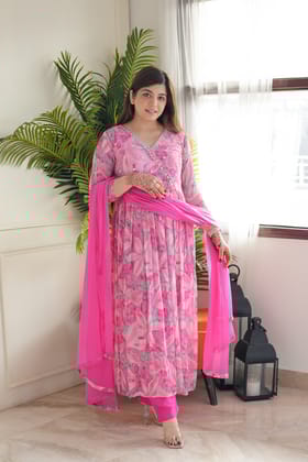 Pink Floral Long Slit Suit Set-XL