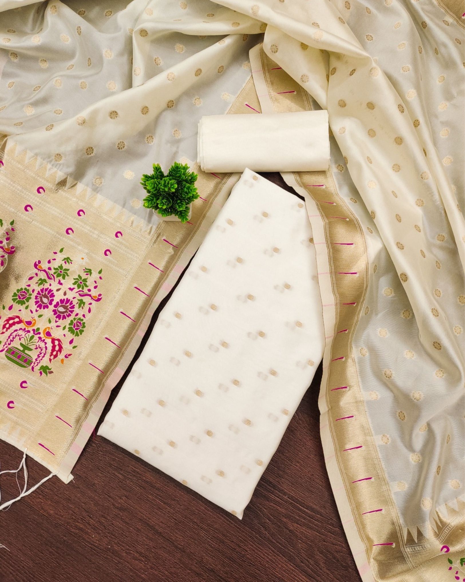 Noor-e-Banaras Lichi Silk White Brocade Suit