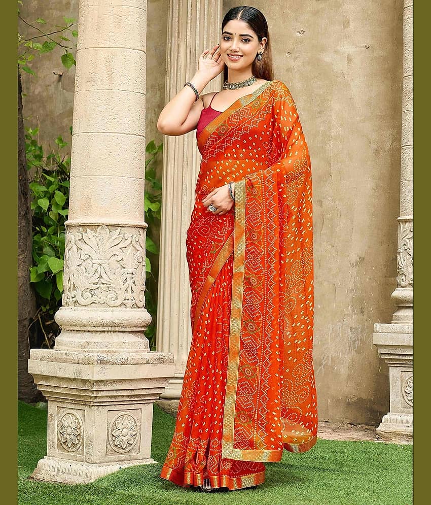 Samah Chiffon Printed Bandhani Sarees With Unstitched Blouse Piece ( Orange )