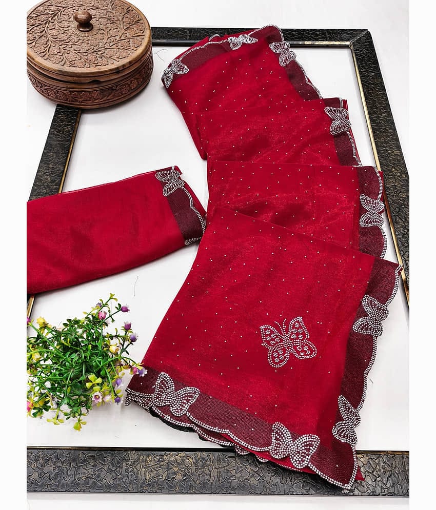 Kashvi Sarees Net Embellished Kasavu Saree With Unstitched Blouse Piece ( Red )