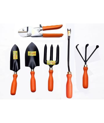 GLOBUS 1382 Garden Tool Set/5 PCS with Orange Colour Handle (Transplanter, Big Trowel, Weeder Fork, Weeder, Cultivator and Orange Pruner 8" Chrome Plated)